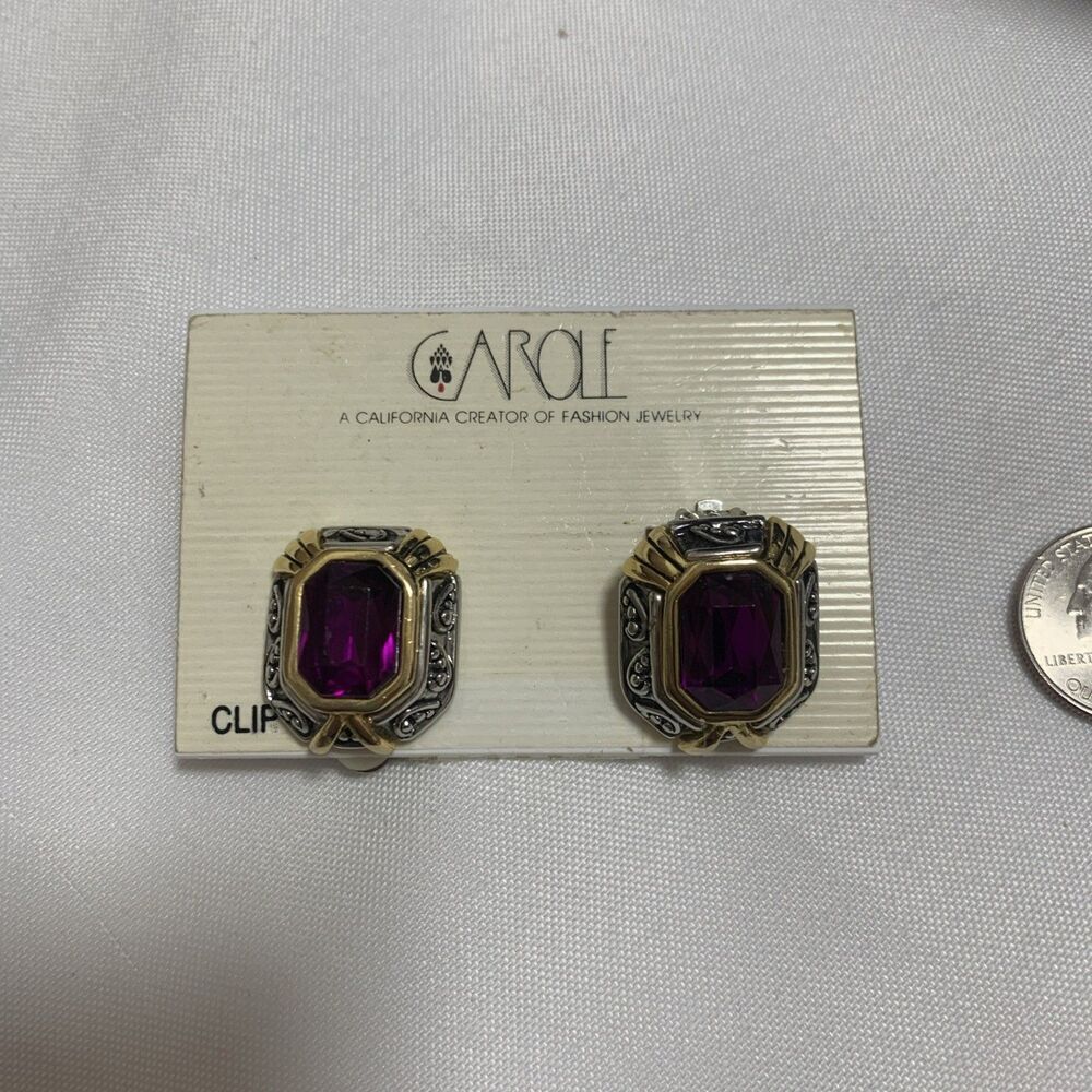 Vintage Carole Two Tones Clip Earrings Designer Jewelry Amethyst Stone - Picture 14 of 16